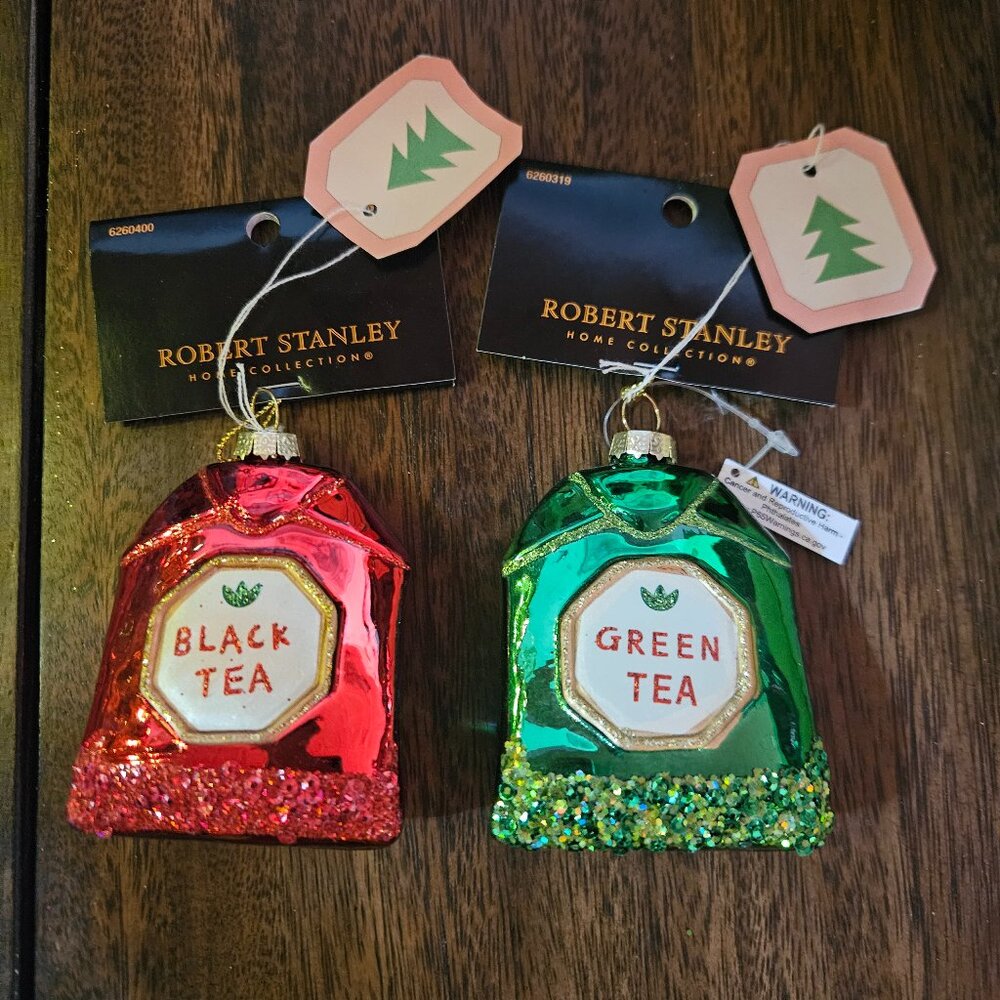 Tea Bag Ornaments - Set of Two Black Tea & Green Tea - Shiny Glass